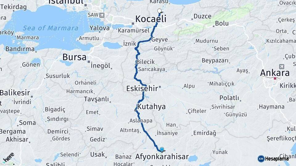 Afyonkarahisar Ferizli Sakarya Arası Kaç Km - Yol Haritası