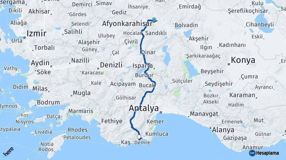 Afyonkarahisar Finike Antalya Arası Kaç Km - Yol Haritası
