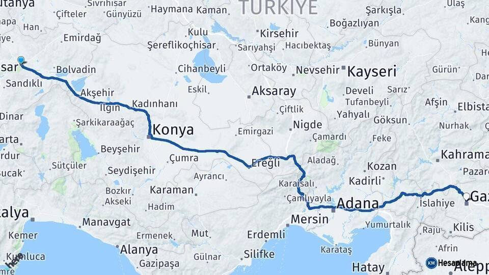Afyonkarahisar Gaziantep Arası Kaç Km - Yol Haritası