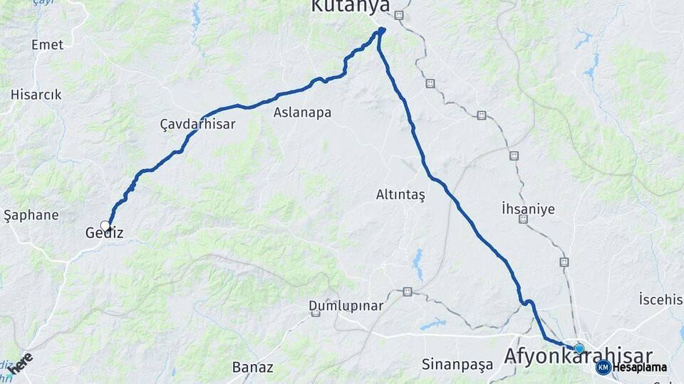 Afyonkarahisar Gediz Kütahya Arası Kaç Km - Yol Haritası