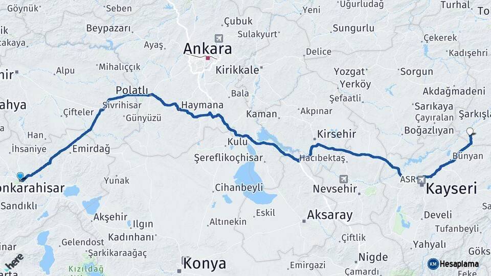Afyonkarahisar Gemerek Sivas Arası Kaç Km - Yol Haritası