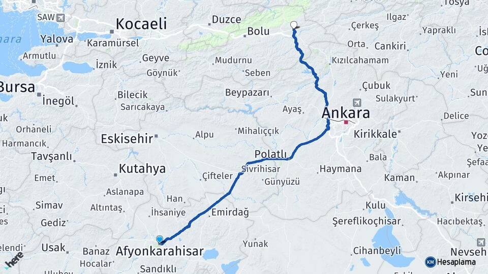 Afyonkarahisar Gerede Bolu Arası Kaç Km - Yol Haritası
