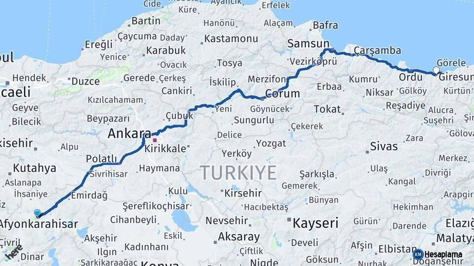 Afyonkarahisar Giresun Arası Kaç Km - Yol Haritası