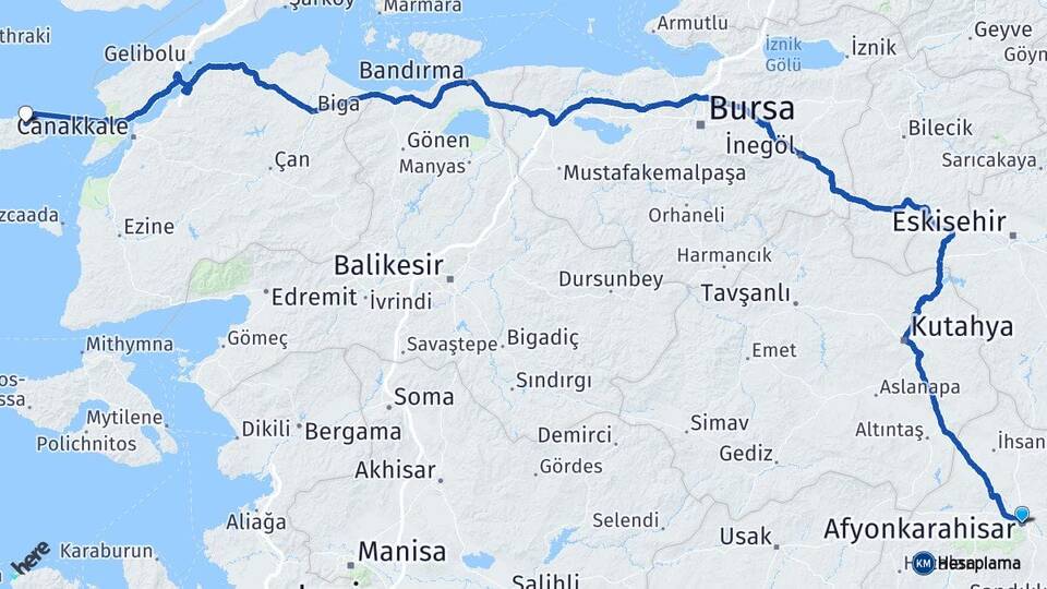Afyonkarahisar Gökçeada Çanakkale Arası Kaç Km - Yol Haritası