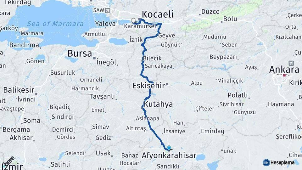 Afyonkarahisar Gölcük Kocaeli Arası Kaç Km - Yol Haritası