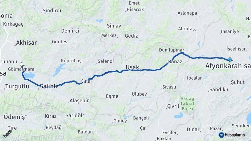 Afyonkarahisar Gölmarmara Manisa Arası Kaç Km - Yol Haritası