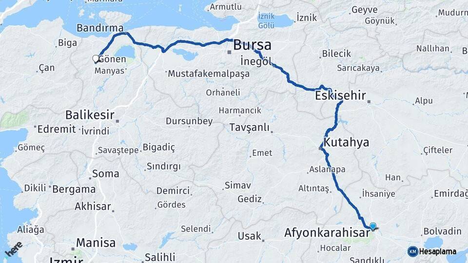 Afyonkarahisar Gönen Balıkesir Arası Kaç Km - Yol Haritası