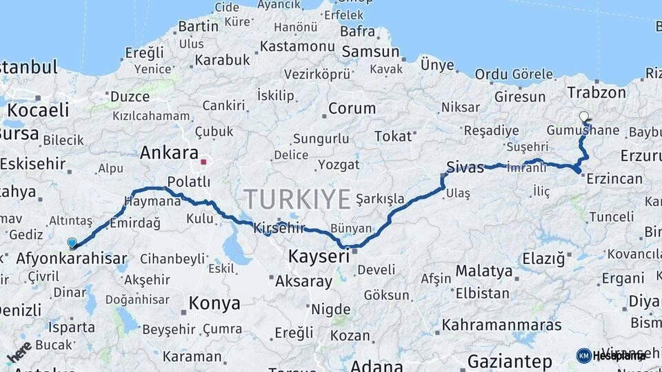 Afyonkarahisar Gümüşhane Arası Kaç Km - Yol Haritası