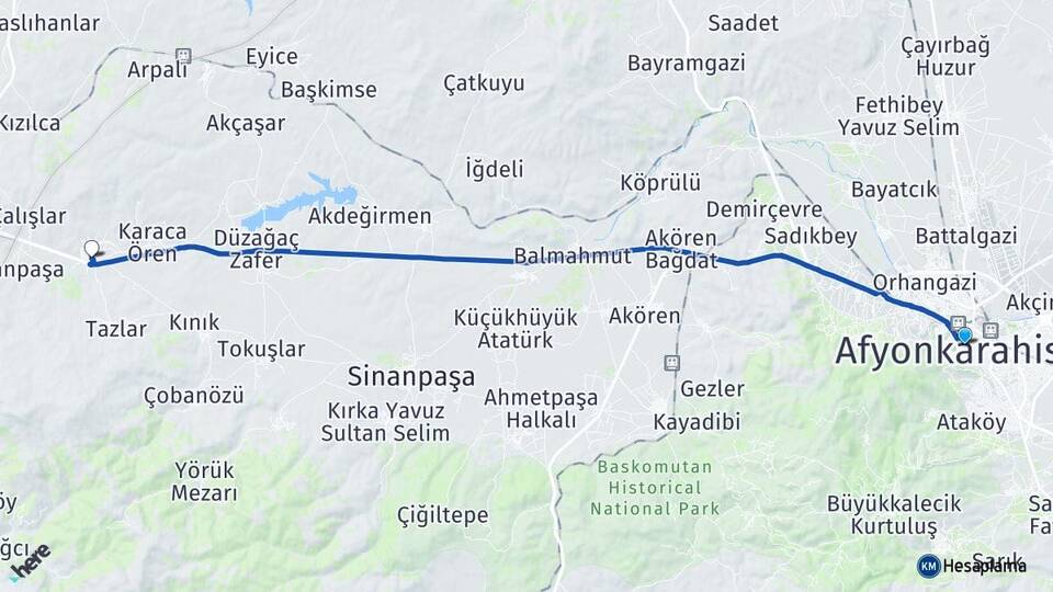 Afyonkarahisar Güney Sinanpaşa Arası Kaç Km - Yol Haritası