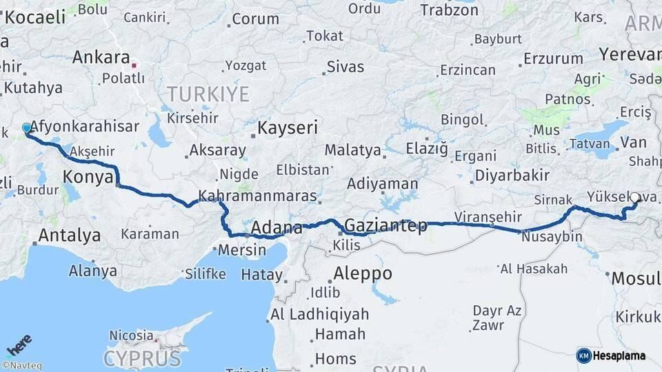 Afyonkarahisar Hakkari Arası Kaç Km - Yol Haritası