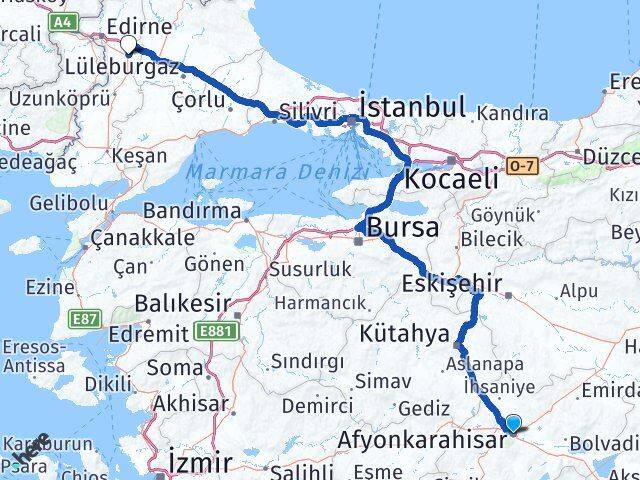 Afyonkarahisar Havsa Edirne Arası Kaç Km - Yol Haritası