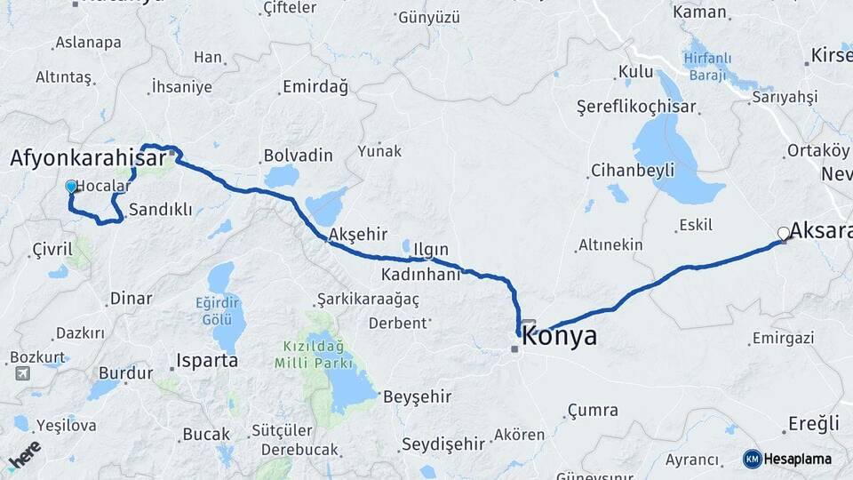 Afyonkarahisar Hocalar Aksaray Arası Kaç Km - Yol Haritası