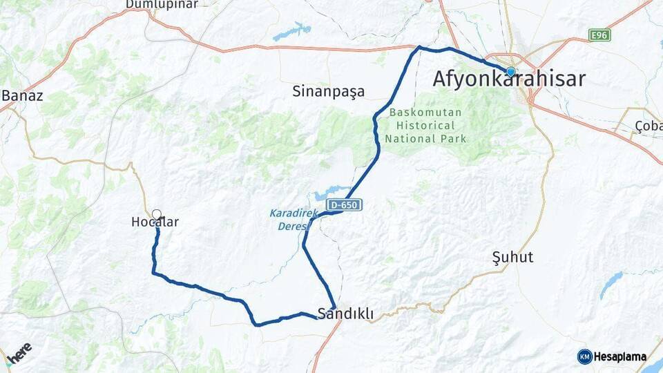 Afyonkarahisar Hocalar Arası Kaç Km - Yol Haritası