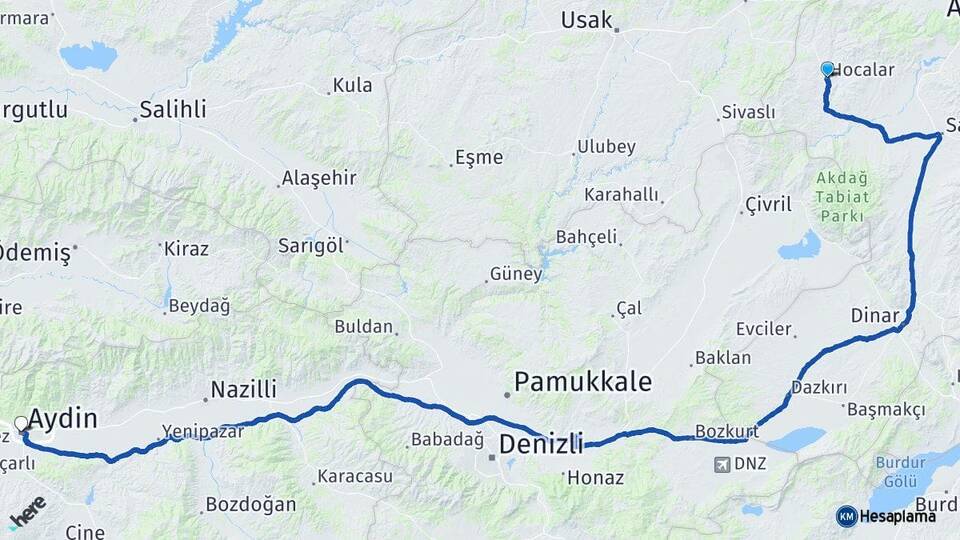 Afyonkarahisar Hocalar Aydın Arası Kaç Km - Yol Haritası