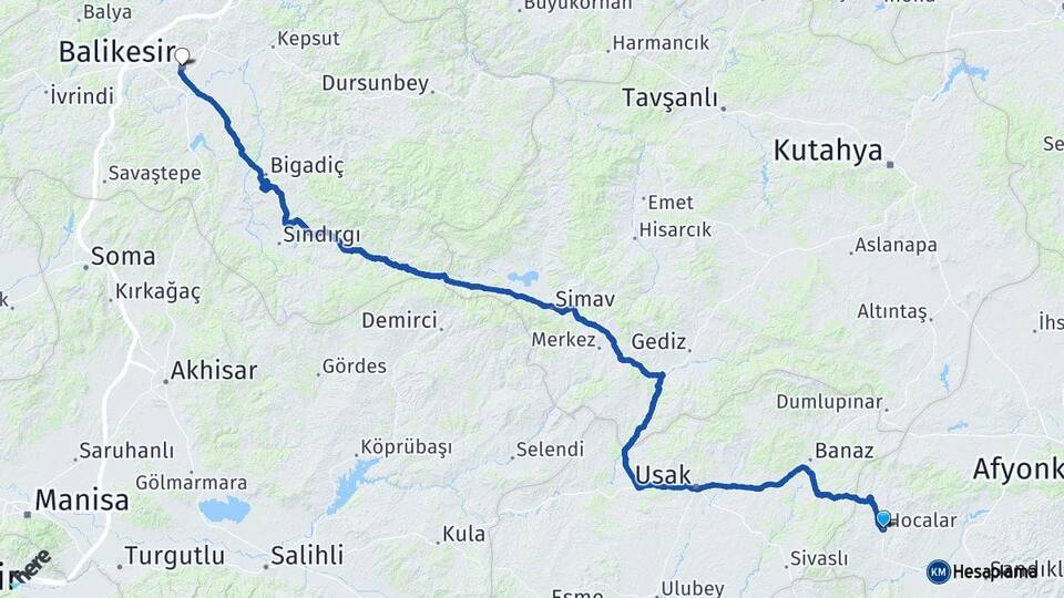 Afyonkarahisar Hocalar Balıkesir Arası Kaç Km - Yol Haritası
