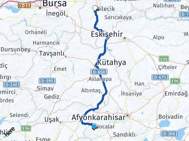 Afyonkarahisar Hocalar Bilecik Arası Kaç Km - Yol Haritası