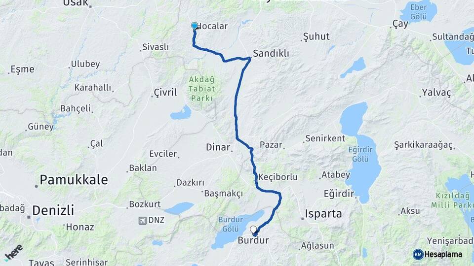 Afyonkarahisar Hocalar Burdur Arası Kaç Km - Yol Haritası
