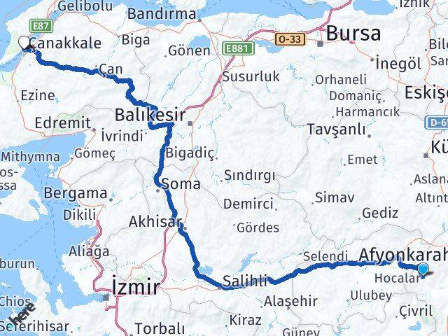 Afyonkarahisar Hocalar Çanakkale Arası Kaç Km - Yol Haritası