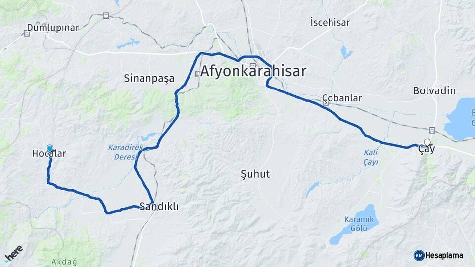 Afyonkarahisar Hocalar Çay Arası Kaç Km - Yol Haritası
