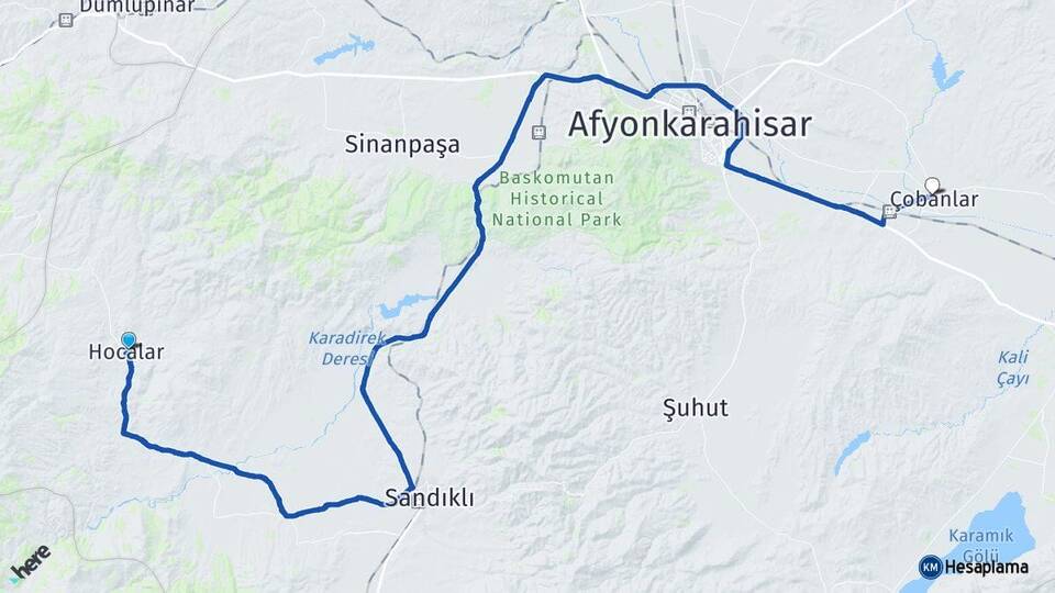 Afyonkarahisar Hocalar Çobanlar Arası Kaç Km - Yol Haritası