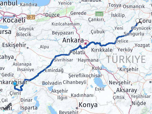 Afyonkarahisar Hocalar Çorum Arası Kaç Km - Yol Haritası