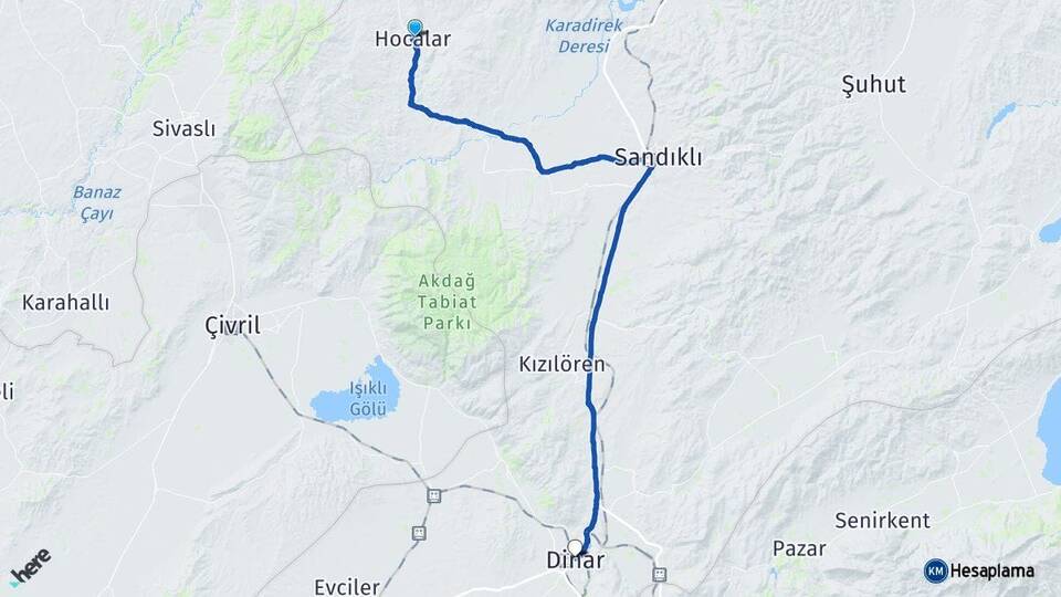 Afyonkarahisar Hocalar Dinar Arası Kaç Km - Yol Haritası