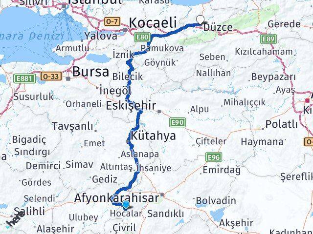 Afyonkarahisar Hocalar Düzce Arası Kaç Km - Yol Haritası