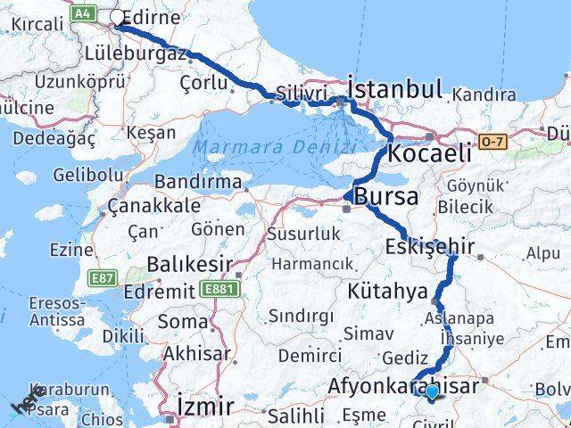 Afyonkarahisar Hocalar Edirne Arası Kaç Km - Yol Haritası