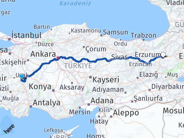 Afyonkarahisar Hocalar Erzurum Arası Kaç Km - Yol Haritası