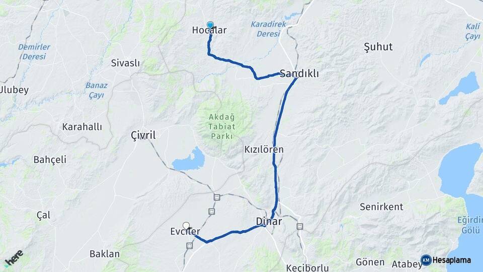 Afyonkarahisar Hocalar Evciler Arası Kaç Km - Yol Haritası