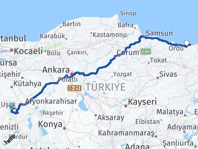 Afyonkarahisar Hocalar Giresun Arası Kaç Km - Yol Haritası