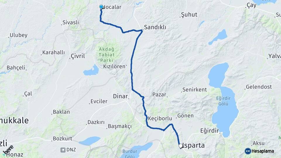 Afyonkarahisar Hocalar Isparta Arası Kaç Km - Yol Haritası