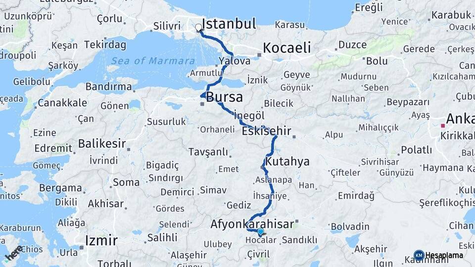 Afyonkarahisar Hocalar İstanbul Arası Kaç Km - Yol Haritası