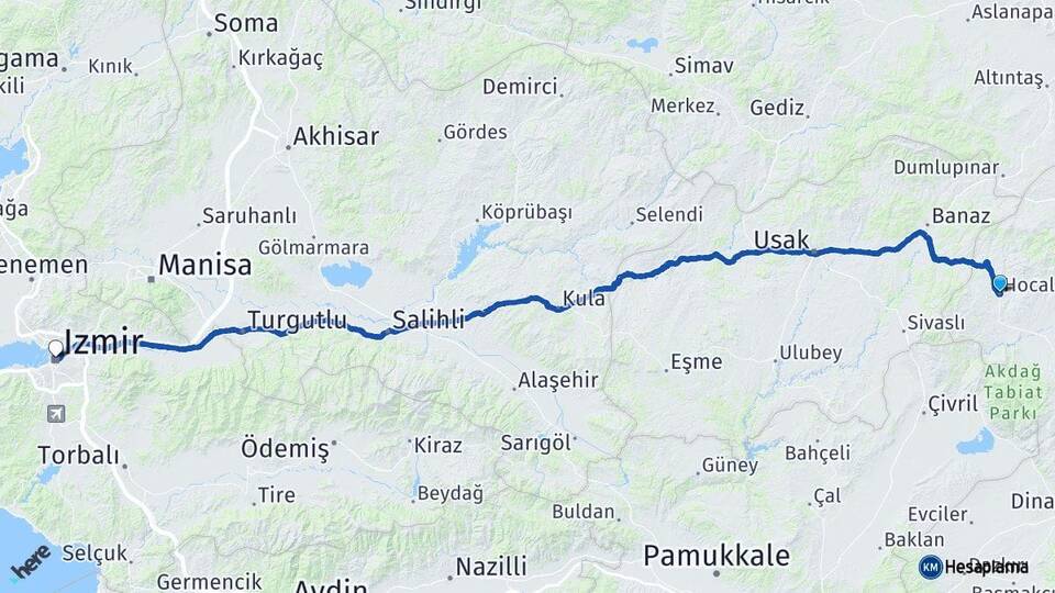 Afyonkarahisar Hocalar İzmir Arası Kaç Km - Yol Haritası