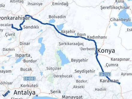 Afyonkarahisar Hocalar Karaman Arası Kaç Km - Yol Haritası