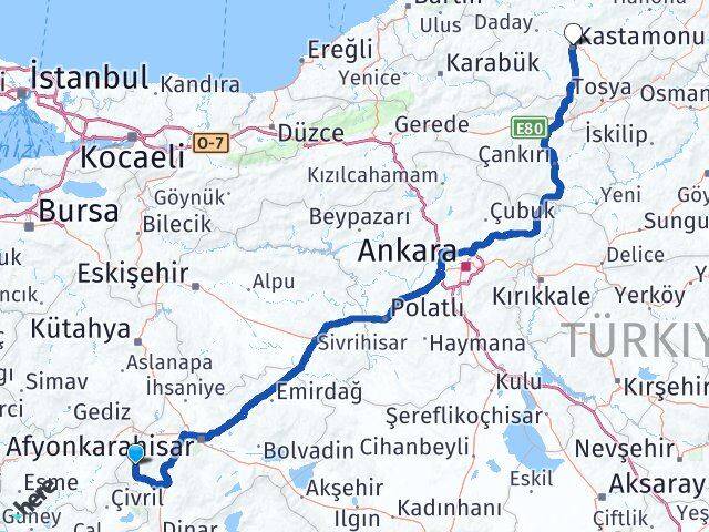 Afyonkarahisar Hocalar Kastamonu Arası Kaç Km - Yol Haritası