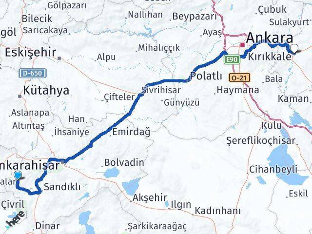 Afyonkarahisar Hocalar Kırıkkale Arası Kaç Km - Yol Haritası