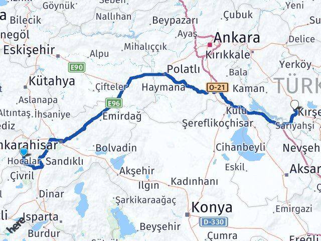 Afyonkarahisar Hocalar Kırşehir Arası Kaç Km - Yol Haritası