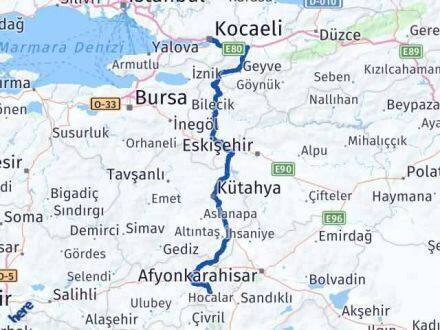 Afyonkarahisar Hocalar Kocaeli Arası Kaç Km - Yol Haritası