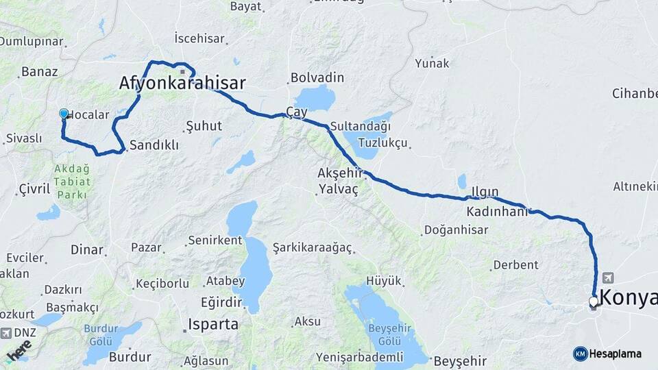 Afyonkarahisar Hocalar Konya Arası Kaç Km - Yol Haritası