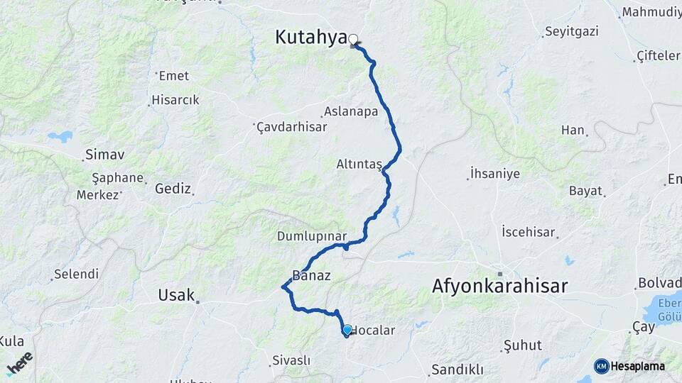 Afyonkarahisar Hocalar Kütahya Arası Kaç Km - Yol Haritası