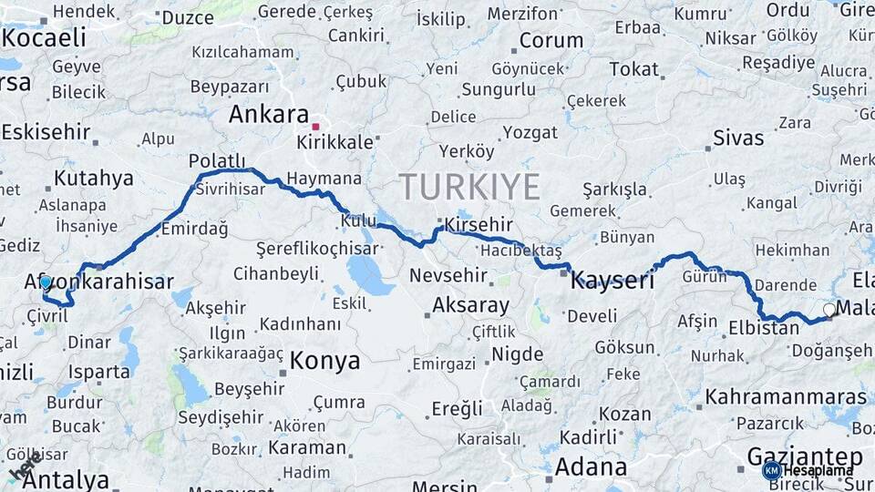 Afyonkarahisar Hocalar Malatya Arası Kaç Km - Yol Haritası