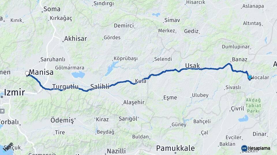 Afyonkarahisar Hocalar Manisa Arası Kaç Km - Yol Haritası
