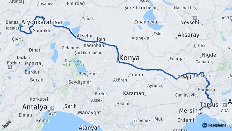 Afyonkarahisar Hocalar Mersin Arası Kaç Km - Yol Haritası