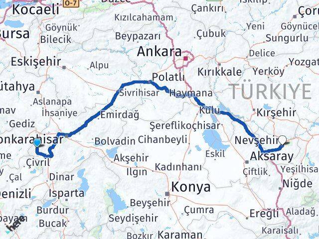 Afyonkarahisar Hocalar Nevşehir Arası Kaç Km - Yol Haritası