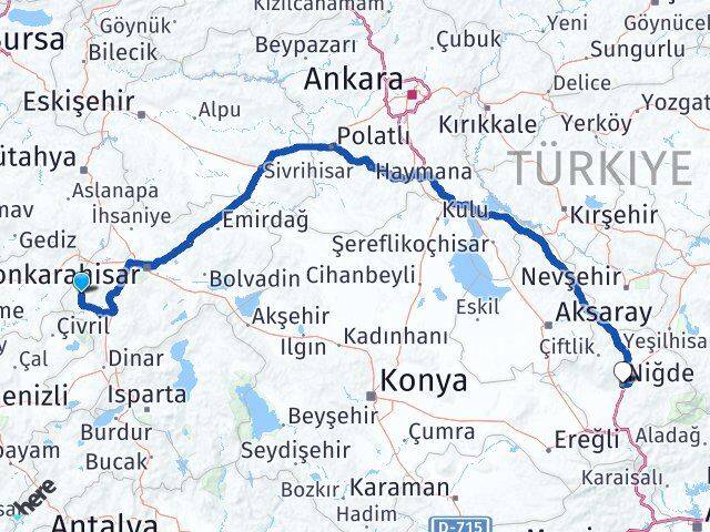 Afyonkarahisar Hocalar Niğde Arası Kaç Km - Yol Haritası