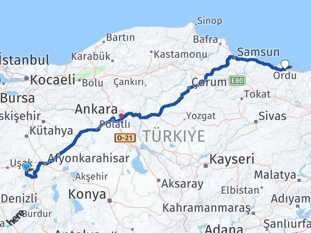 Afyonkarahisar Hocalar Ordu Arası Kaç Km - Yol Haritası