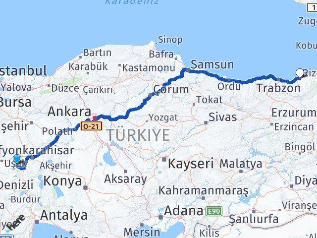 Afyonkarahisar Hocalar Rize Arası Kaç Km - Yol Haritası