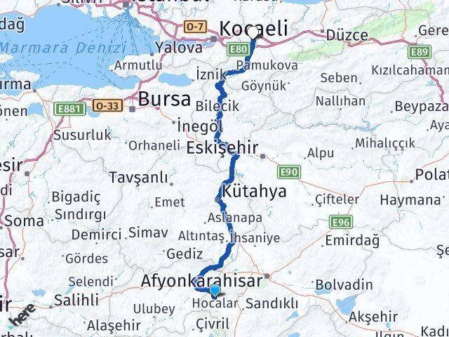 Afyonkarahisar Hocalar Sakarya Arası Kaç Km - Yol Haritası