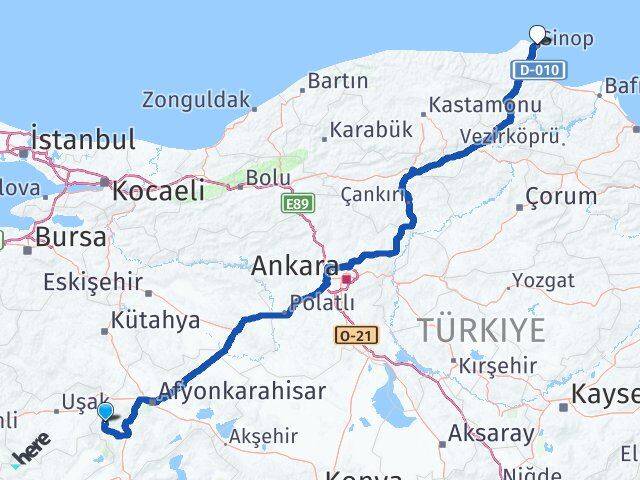 Afyonkarahisar Hocalar Sinop Arası Kaç Km - Yol Haritası